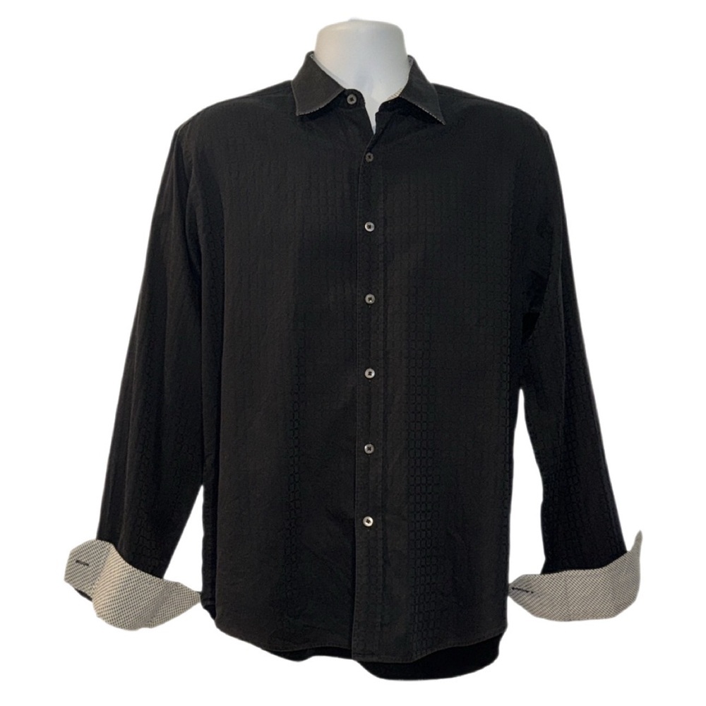 Bugatchi Uomo Shaped Fit Dress Shirt Black Geometric Texture Size Large